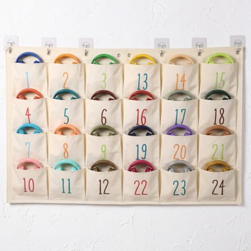 Sunnymove Canvas Classroom Headphone Storage Pouch with 24 Pockets Large-Pocket Over The Door Hanging Classroom Headphone Storage Organizer for Wall Library Door Hanger 59 x 35 Inches