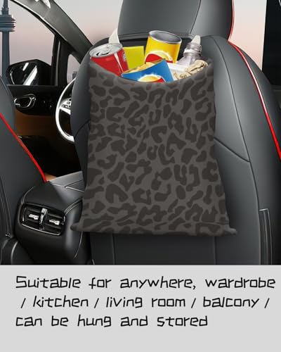 Image of Cute Canvas Car Garbage Bag, Black Leopard Print, Car Trash Bin, Seat Back Hanging, 5L