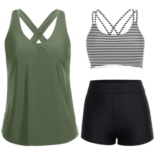 Image of Women's 3 Piece Tankini Swimsuit Tummy Control Bathing Suit with Boy Shorts