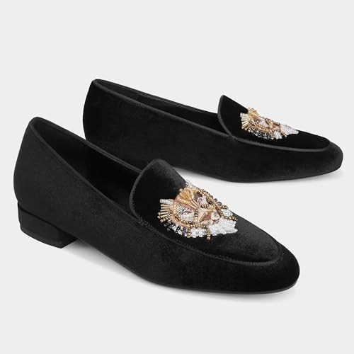 Image of Embroidered Loafers for Women Round Toe Chunky Heel Velvet Flats with Lion Head Pattern Wide Width Dress Casual Shoes