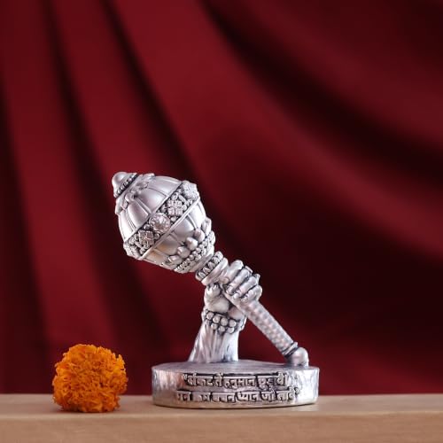 Image of Gold Art India Hanuman Gada Idol Silver Antique Matte Finish - Decorative Bajrangbali Gada Murti for Home Temple, Car Dashboard & Office | Religious Gift | 4 Inch