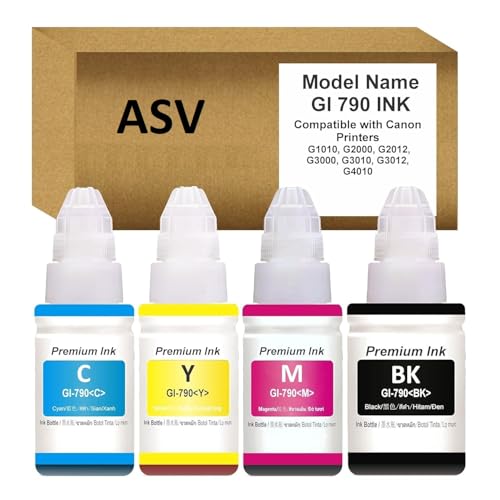 Image of ASV GI 790 Ink Refill for Canon PIXMA G1000, G1010, G1100, G2000, G2002, G2012, G2100, G3000, G3010, G3012, G3100 Printers Ink (Black, Yellow, Cyan, Magenta)