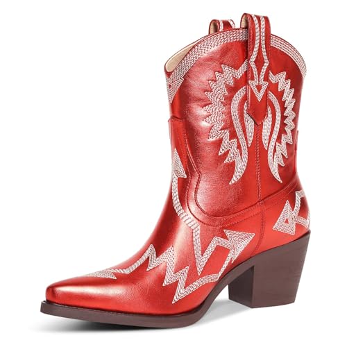 Western Boots for Women Metallic Embroidered Pointed Toe Cowgirl Boots Chunky Heel Pull-On Short Cowboy Boots Wide Calf Country Ankle Boots