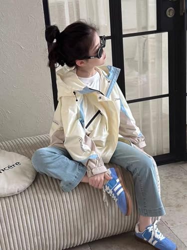 Classic Hooded Jacket, Color Block Design, Cream White with Light Blue and Khak3