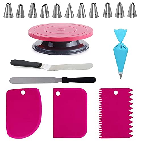 Image of greenstone Combo of Cake Making Revolving Turntable,12 Piece Decorating nozzles, Coupler Silicone Icing Bag and Spatula Knife, 3 Icing Scraper- Multicolor