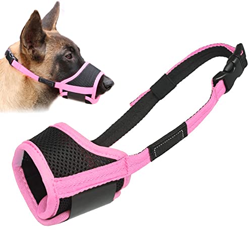 Image of LUCKYPAW Dog Muzzle Anti Biting Barking and Chewing with Comfortable Mesh Soft Fabric and Adjustable Strap, Suitable for Small, Medium and Large Dogs(Pink Trim,L)