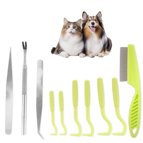 TWZKXC 10 Pcs Pet Tick Remover Tool, Stainless Steel Tick Remover Tick Plastics Remover for Cats and Dogs, Pet Tools, Silver, Green