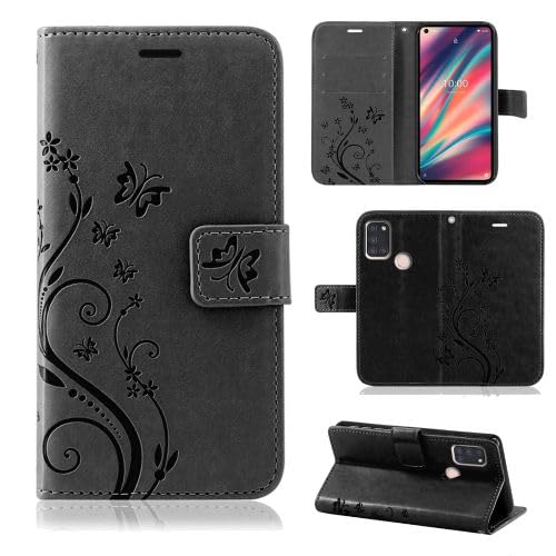 betterfon Hülle Kompatibel mit Wiko View 5 / View 5 Plus | Premium PU Leder Handyhülle Wallet Hülle für View 5 / View 5 Plus | Schutzhülle Blumen Klapphülle Handyhülle | Schwarz