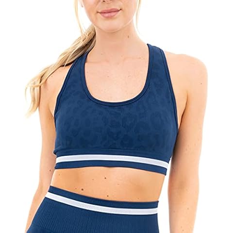 M17 Womens Ladies Sports Bra Leopard Print Seamless Removeable Pads Racerback Bras Stretchy Sportswear Gym Workout Running Yoga Top (L, Navy) Cover