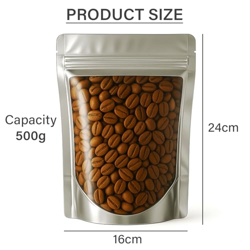 Image of Transparent Front /Silver Back Stand-Up Zipper Pouch, 16cm x 24cm, Pack of 100, Food Grade, Reusable LDPE Zip Lock Bags for Food Storage & Packaging Capacity 500g