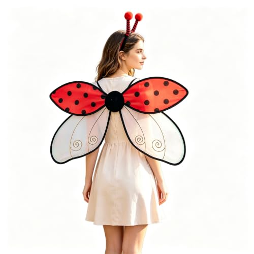 ESSECMBS 2PCS Cute Yellow Bee Wings & Hair Hoop Set for Halloween Cosplay Red Ladybug Wings with Headband Set (Red 60 * 35cm / 23.6 * 13.7inch)