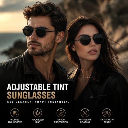 Image of Glaceon 1-9 Gears Adjustable Tint Sunglasses, Rounded Polarized Glasses with ND Filter Lenses, Polarized Sunglasses for Men, Lightweight Sun Glasses with UV Protection for Driving Fishing