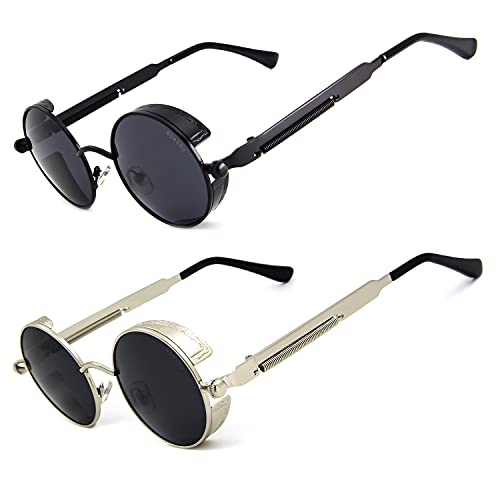RONSOU Steampunk Style Round Vintage Polarized Sunglasses Retro Eyewear UV400 Protection Matel Frame B0 2pcs Black Frame Gray Lens + Silver Frame Gray Lens 46 Millimeters