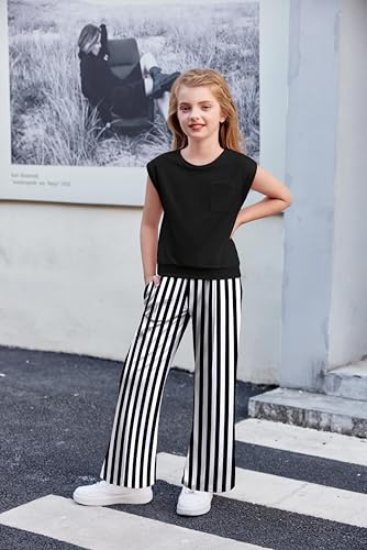 Image of Arshiner Girls Clothes 2 Piece Outfits Drop Shoulder Sleeve Top and Wide Leg Pants Set Trendy Clothing Size 6-14
