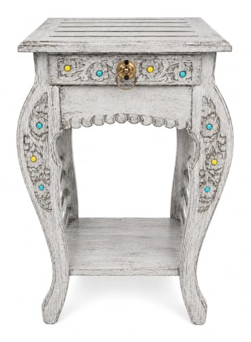 Image of Multipurpose Table Outdoor Indoor Stool Flower Vase Stool with One Drawer Material Mango Wood Size 30.5CM x 30.5CM x 53.3CM (Lite Grey Antique)