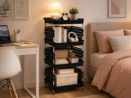 Image of KITCHIVO Multipurpose Storage Rack Organizer with Stainless Steel Pipes | Heavy Duty Plastic Shelf Stand for Kitchen, Bathroom, Laundry & Pantry (Black, 4 Layer)