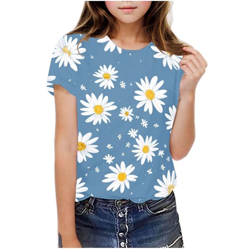 Kids Girls 2025 Fashion Summer T Shirts Crewneck Short Sleeve Blouse Daisy Floral Print Summer Tee Shirts 5