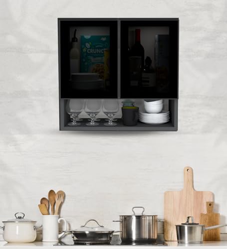 Image of SPECIALITY PANELS Wall Mounted Kitchen Cabinet with Glass Door Shutters, 2 Door Storage Cabinet, DIY Assembly, 57x55 cm, Black