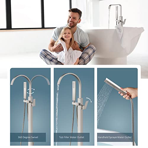 Aolemi Freestanding Tub Filler Brushed Nickel Floor Mount Bathtub Faucet Bathroom Waterfall Brass Tap Single Handle With Handheld Shower Swivel Spout #TOP1
