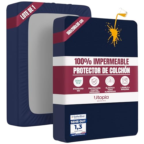Utopia Bedding Protector Colchón 160 x 200 x 30 cm Impermeable, Certificación Oeko-Tex Funda Colchón, Cubre Colchón Transpirable, Elástico En Todo El Contorno Azul Marino