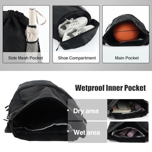 Image of 6 Pcs 6 Pcs Gym Drawstring Backpack Bulk for Men, Black | Drawstring Closure, with Shoe Compartment, Wet Proof Pocket, Lightweight, Durable Build, Gym Practice & Game-day Ready