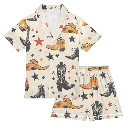 Satin Pajama Sets Short Sleeve Cowboy Boots and Stars Pattern Button Down Silky Nightwear 2 Piece PJS 5-14Y