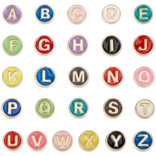 SUNNYCLUE 1 Box 52Pcs Alloy Alphabet Beads Metal Letter Bead Bulk Flat Round Initial Alloy Letters Multicolor Enamel Beads for jewellery Making Beads Accessories DIY Earring Crafting Beginners Women