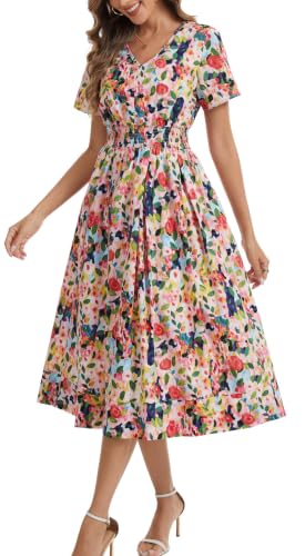 Image of Kormei Women Casual Boho V Neck 3 /4 Sleeve Smocked Waist A Line Flowy Swing Midi Dress Smocked Long Dress