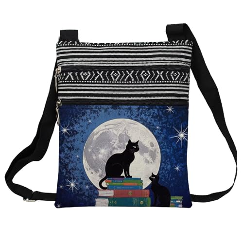 Moon Cat Messenger Bag Small Ethnic Pattern Printed Adjustable Strap Crossbody Zipper Pouch Moon Cat Phone Organizer Wallet Cute Shoulder Handbag for Women