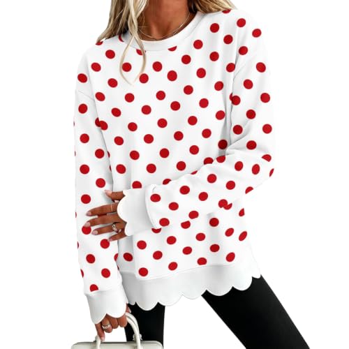 Crew Neck Sweatshirts Women Polka Dot Cotton Scalloped Hem Comfy Pullover - image 1