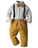 Domee Jungen Anzug Langarm Outfits Fliege Taufe Hochzeit Festlich Braune Hose + Gestreiftes Hemd 3-4 Jahre ( Herstellergröße 110 )