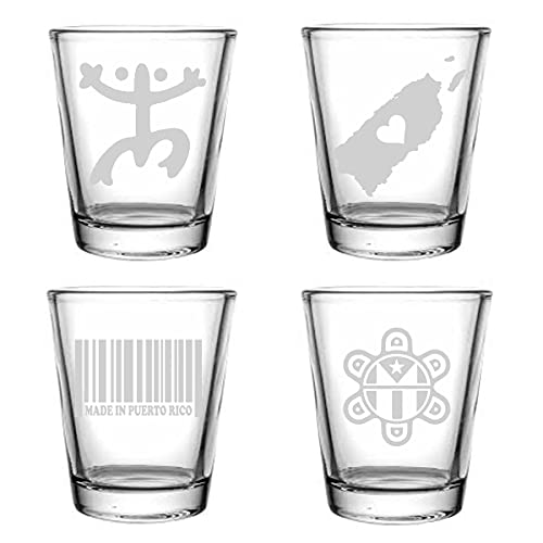 Brindle Southern Farms Engraved Puerto Rico Shot Glass Set of Four: Coqui Symbol, Made in Puerto Rico Barcode, Puerto Rican Map, Taino Sun with Puerto Rican Flag