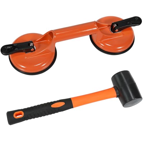 Fijador de huecos de piso para herramienta de reparación de huecos de suelo laminado, incluye ventosa de aluminio resistente y mazo de goma con mango de fibra de vidrio (no se puede utilizar en suelos
