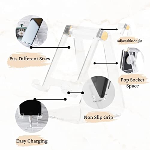 Ellári - Phone Stand For Office Desk Adjustable Angle Clear Acrylic Compatible With Loopycases, Popsockets, All Kickstands, Kindle, Small Tablets, Iphone, Samsung, Lg, Google #TOP5