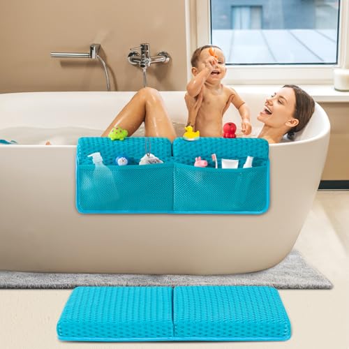 Image of Baby Bath Kneeler and Elbow Rest Pad Set, 1.5'' Thick Quickly Dry Bathtub Kneeling Pad for Knee & Arm Support, Bath tub Kneeling Mat with Toy Organizer for Happy Baby Bathing Time (Baby Blue)