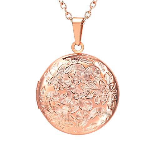 U7 Round Locket Jewelry Memorial Gift Rose Gold Plated Flower Engraved Photo Locket
