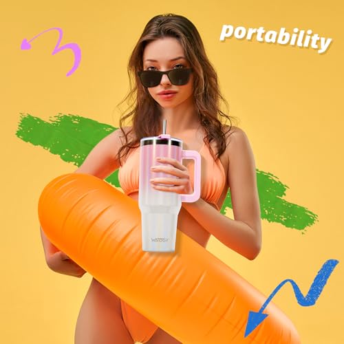 WATERSY Doppelwandiger 40oz Kaffeebecher to Go Thermobecher Edelstahl Vakuum Auslaufsicher Trinkbecher mit Griff und Strohhalm Rosa Weiß Glänzend 5