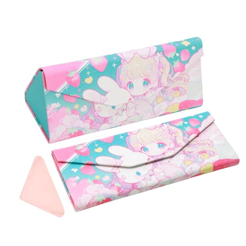 Estojo de óculos de sol dobrável, estojo de óculos de sol magnético de poliuretano Leahter, capa rígida e dobrável para mulheres e crianças, Coelhinha rosa, tamanho �nico