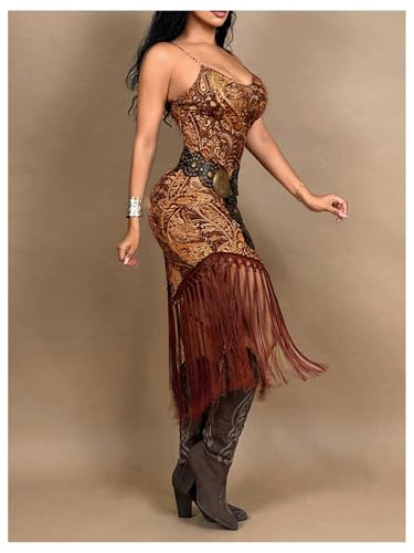 Women's Western Cowgirl Cami Dress Boho Paisley Asymmetrical Fringed Bodycon Midi Dresses 70s Outfits4