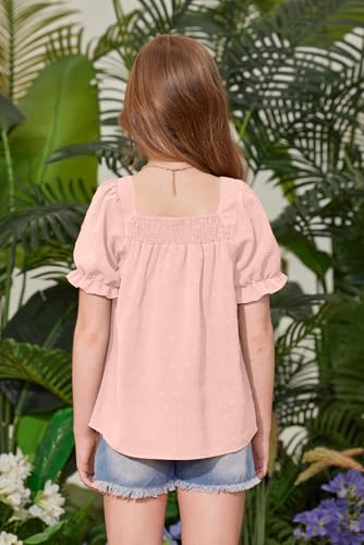 Image of BesserBay Girls Summer Puff Short Sleeve Square Neck Tee Shirts Ruffle Smocked Blouses Cute Swiss Dot Tops 5-14 Years