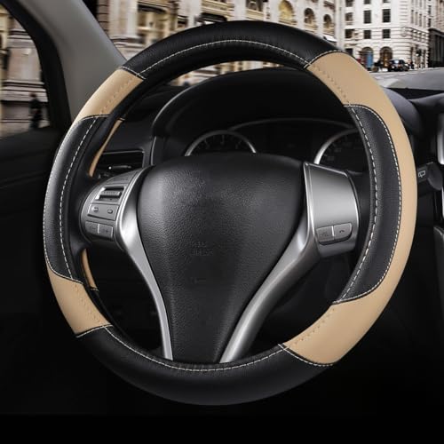 Image of Leather Car Steering Wheel Cover, Non-Slip Car Wheel Cover Protector Breathable Microfiber Leather 15.5 inch-16 inch Large Size for Most Cars,Beige-2