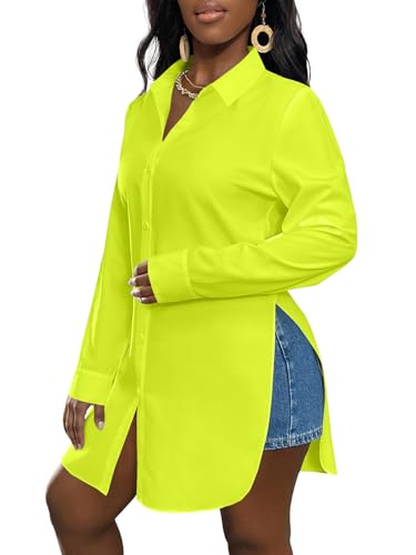 Image of LYANER Women's Collar Neck Long Sleeve Button Down Shirts Sexy Split Hem Tops Long Blouse Shirt Dress