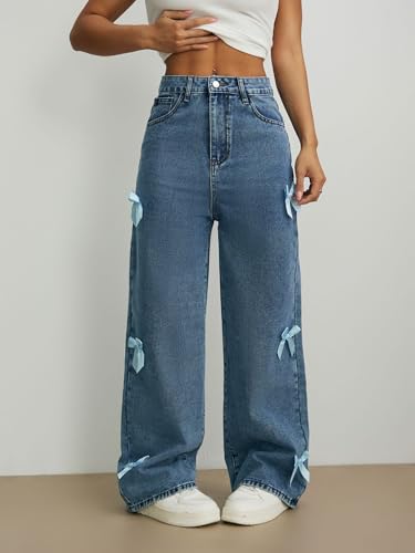Bow Jeans for Girls Wide Leg Denim Pants,Bowknot Embroidery Baggy Trouser,Cute High Elastic Casual Y2k Streetwear with Pocket2