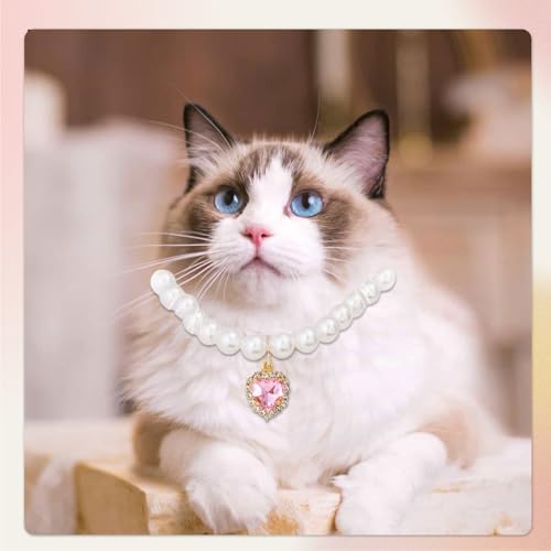 Cosmeria Verstellbare Perlen Haustierhalsband mit Herzförmigen Strasssteinen, 2 Farben, Elegantes Design für Kleine Katzen und Hunde