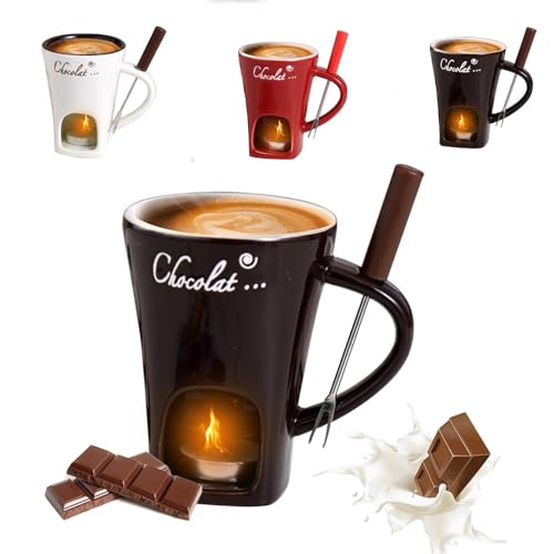 Chocolate Fondue Mug Set with Forks, 200ml Ceramic Melting Cup for Chocolate, Cheese, Caramel, Personal Fondue Warmer for Hot Chocolate, Candy, Dip, Birthday Gift (B)