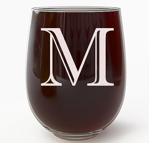Monogram Etched 17oz Stemless Wine Glass (Letter M) A-Z Personali...