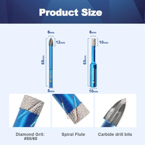 Image of Dry Diamond Core Drill Bit Set,BRSCHNITT1 /4 * 5 Diamond Hole Saw& 1 /4 inch*5 Carbide Drill bits with Triangle Shank for Porcelain Tile Ceramic Stone Granite Marble(10pcs)