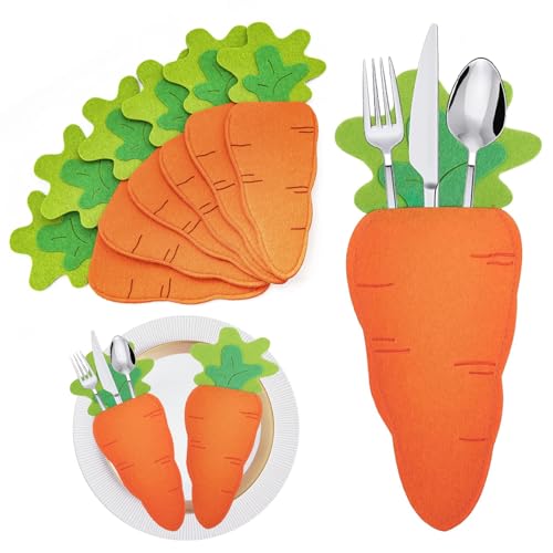 YCICHE Ostern Bestecktasche Filz, 6 Stück Besteckhalter Ostern Karotten Filz, Oster Karotten Bestecktaschen, Besteckbeutel, Bestecktasche, für Tischdeko Oster Partydeko Aufbewahrung