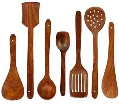 Craftize Mstore Wooden Cooking Spoon Set – 7-Piece Kitchen Utensil Pack with Holder, Includes Frying Spoon, Soup Ladle, Spatula, Rice & Curry Spoons – Durable Natural Wood Cooking Tools 4