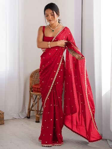 Image of AKHILAM Women's Pure Georgette Embroidered Saree With Unstitched Blouse Piece